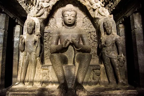 stock image Sculpture at Ellora cave, UNESCO world heritage site, India, Rock-cut monolithic temple.