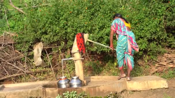 2023年8月29日 インドのマハラシュトラ Maharashtra 女性が手ポンプや人力ポンプ インドの田舎生活から飲料水を持ってくる — ストック動画