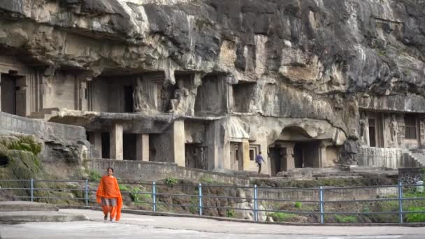 Woman Tourist Explore Ellora Caves One Largest Rock Cut Cave — Stock Video