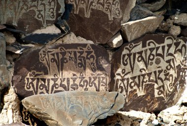 Tibet mantrası. Hindistan 'da manikür duvarı olarak adlandırılan taşların üzerine oyulmuş manikür manikür mırıldanması.