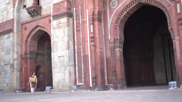 Touristin Purana Qila Oder Old Fort Delhi Indien — Stockvideo