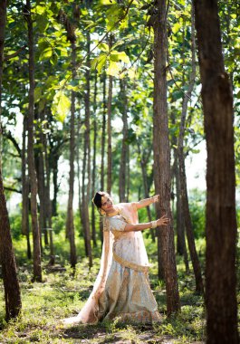 Ormanda geleneksel gelinlik içinde güzel Hintli gelin