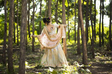 Ormanda geleneksel gelinlik içinde güzel Hintli gelin