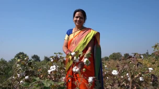 Glad Indisk Kvinna Traditionella Kläder Jordbruksområdet — Stockvideo