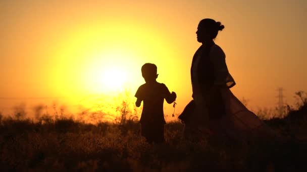 Silhouette Von Eltern Spielen Mit Kindern Bei Sonnenuntergang — Stockvideo