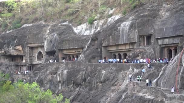 Pohled Exteriéru Jeskyně Ajanta Zapsán Seznamu Světového Dědictví Unesco Vytesaný — Stock video