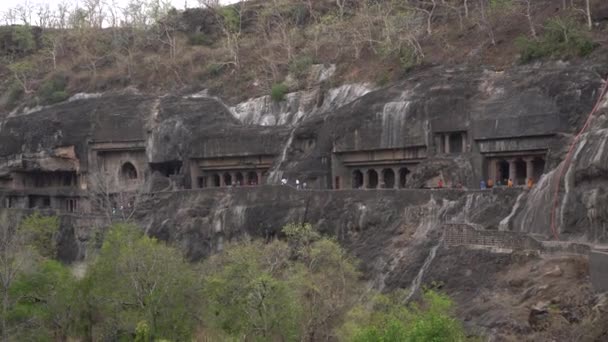 Exterior View Ajanta Caves Unesco World Heritage Site Carved Rock — Stock Video