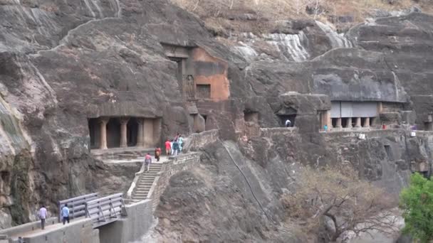 Vista Exterior Las Cuevas Ajanta Patrimonio Humanidad Por Unesco Tallado — Vídeos de Stock
