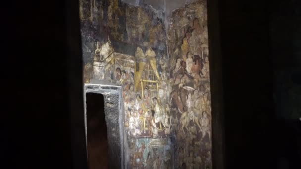 Pintura Mural Antigua Las Cuevas Ajanta Patrimonio Humanidad Por Unesco — Vídeos de Stock