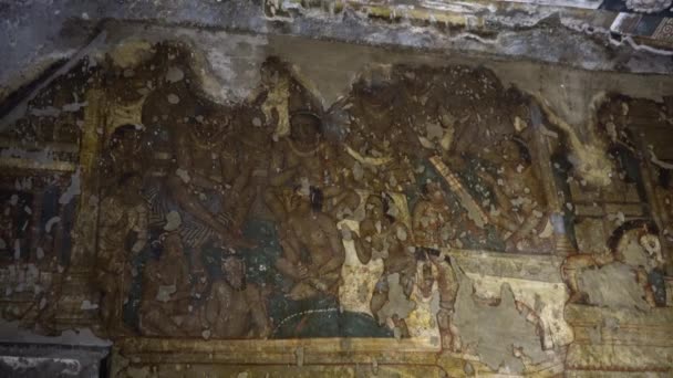 Pintura Mural Antigua Las Cuevas Ajanta Patrimonio Humanidad Por Unesco — Vídeo de stock