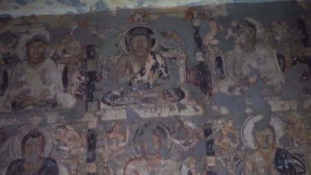 Pintura Mural Antiga Cavernas Ajanta Património Mundial Unesco Aurangabad Maharashtra — Vídeo de Stock