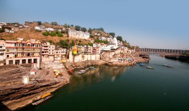 Omkareshwar temple and Omkareshwar city on banks of Narmada river, Madhya Pradesh, India, clipart