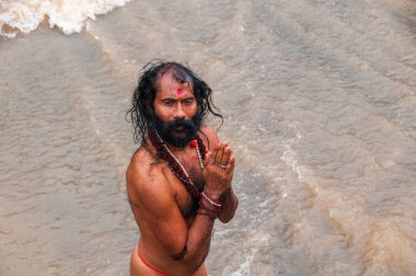 A Sadhu offering prayer in Godavari river during the Simhastha Kumbh Mela, India. clipart