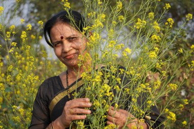 Hardal tarlasında duran mutlu Hintli kadın.