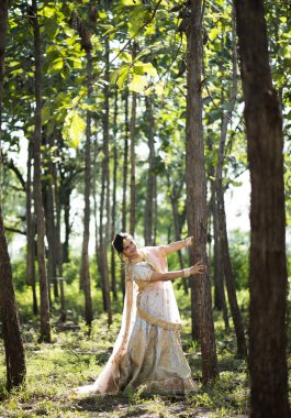 Ormanda geleneksel gelinlik içinde güzel Hintli gelin