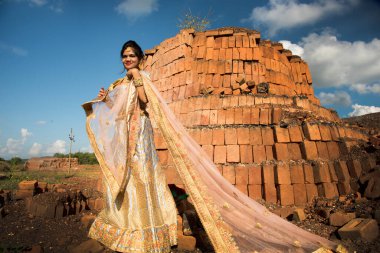 Güzel Hintli gelin tuğlaların arkasında