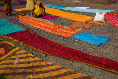 NASHIK, MAHARASHTRA, INDIA, 28 AĞUSTOS 2015: Hint kadın hacılar Kumbh Mela 'da, nehirde kutsal bir banyo yaptıktan sonra, güneşin altında renkli sarilerini kurutuyorlar.