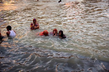 NASHIK, INDIA 29 AĞUSTOS 2015: Hayranlar Simhastha Kumbh Mela sırasında nehirde kutsal bir banyo yapıyorlar.