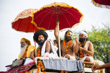 TRIMBAKESHWAR, NASHIK, INDIA, 27 Ağustos 2015: Simhastha Kumbh Mela 'lı Shahi Snan' ın önünde Sadhus 'un geçit töreni.