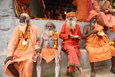 TRIMBAKESHWAR, NASHIK, INDIA 28 AĞUSTOS 2015: Simhastha Kumbh Mela 'lı Shahi Snan' ın önünde Trimbakeshwar yolunda Naga Sadhus 'un geçit töreni.