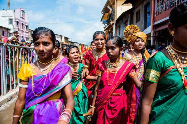 TRIMBAKESHWAR, NASHIK, INDIA, August 27, 2015 : Procession of Sadhus before Shahi Snan of Simhastha Kumbh Mela.