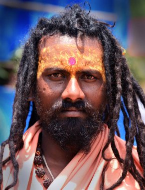 NASHIK, INDIA, 27 Ağustos 2015: Kumbh Mela 'daki kutsal adam Hindu sadhus' un portresi