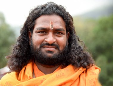 NASHIK, INDIA, 27 Ağustos 2015: Kumbh Mela 'daki kutsal adam Hindu sadhus' un portresi