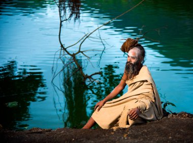 NASHIK, INDIA, 27 Ağustos 2015: Kumbh Mela 'daki kutsal adam Hindu sadhus' un portresi