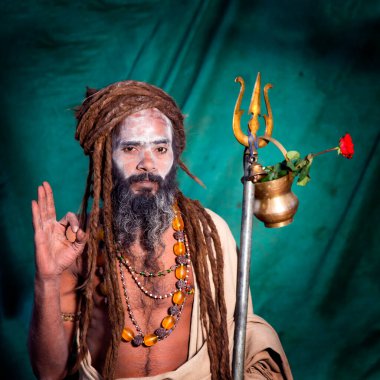 NASHIK, INDIA, 27 Ağustos 2015: Kumbh Mela 'daki kutsal adam Hindu sadhus' un portresi