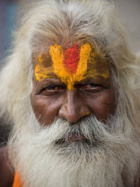 NASHIK, INDIA, 27 Ağustos 2015: Kumbh Mela 'daki kutsal adam Hindu sadhus' un portresi