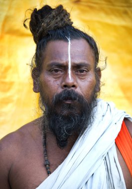 NASHIK, INDIA, 27 Ağustos 2015: Kumbh Mela 'daki kutsal adam Hindu sadhus' un portresi