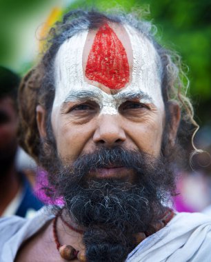 NASHIK, INDIA, 27 Ağustos 2015: Kumbh Mela 'daki kutsal adam Hindu sadhus' un portresi