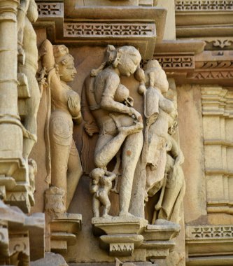 Taş oyma heykelleri Javari Tapınağı, Khajuraho, Madhya Pradesh, Hindistan, UNESCO dünya mirası alanı