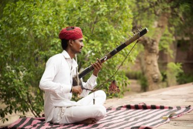 Geleneksel kıyafetleriyle sokak müzisyeni müzik enstrümanı, Rajasthan, Hindistan.