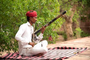 Geleneksel kıyafetleriyle sokak müzisyeni müzik enstrümanı, Rajasthan, Hindistan.