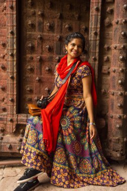 Genç bir kadının portresi renkli eski bir kapının önünde, Jodhpur, Rajasthan, Hindistan