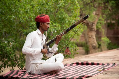 Geleneksel kıyafetleriyle sokak müzisyeni müzik enstrümanı, Rajasthan, Hindistan.