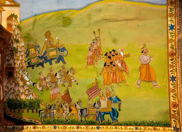 Mehrangarh Kalesi, Jodhpur, Hindistan 'da renkli Hint duvar resmi.