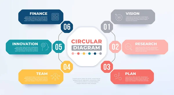 Plantilla Diagrama Circular Pasos Infografía Circular Negocios Con Icono — Vector de stock