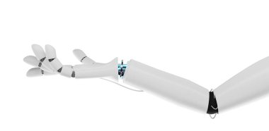 Yapay zeka konsepti. Robot el 3D render, Tech, yaşam ve makine arasındaki bağlantı.