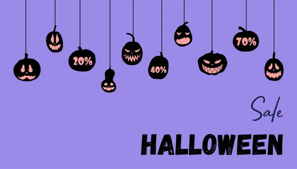 Баннер Хэллоуинской Распродажи Векторные Плоские Тыквы Страшными Светящимися Лицами Дизайн — стоковый вектор