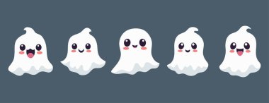 Cadılar Bayramı 'nda gülen yüzlü bir grup hayalet. Tasarım posteri, afişi ve baskısı için vektör düz çizim.