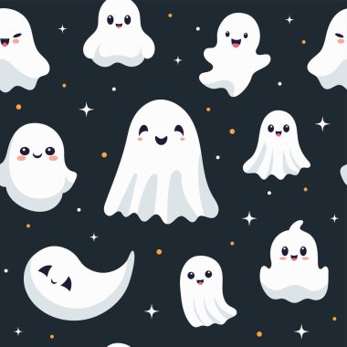 Cadılar Bayramı için gülümseyen hayaletlerle kusursuz bir düzen. Tasarım tekstil, ambalaj, kumaş, kağıt, baskı için vektör düz çizim.