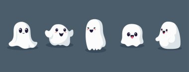 Cadılar Bayramı 'nda gülen yüzlü bir grup hayalet. Tasarım posteri, afişi ve baskısı için vektör düz çizim.