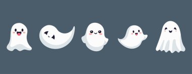 Cadılar Bayramı 'nda gülen yüzlü bir grup hayalet. Tasarım posteri, afişi ve baskısı için vektör düz çizim.