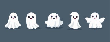 Cadılar Bayramı 'nda gülen yüzlü bir grup hayalet. Tasarım posteri, afişi ve baskısı için vektör düz çizim.