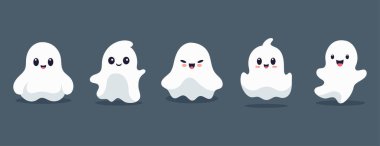 Cadılar Bayramı 'nda gülen yüzlü bir grup hayalet. Tasarım posteri, afişi ve baskısı için vektör düz çizim.