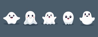 Cadılar Bayramı 'nda gülen yüzlü bir grup hayalet. Tasarım posteri, afişi ve baskısı için vektör düz çizim.