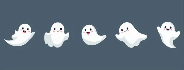 Set Ghosts Smiling Faces Halloween Vector Flat Style Illustration Design — Stock Vector