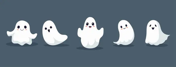 Conjunto Fantasmas Con Caras Sonrientes Para Halloween Ilustración Estilo Plano — Vector de stock